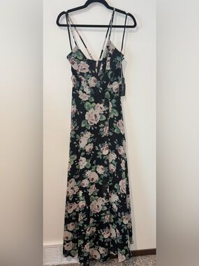 NWT Lulus Legendary Romance Black Floral Wrap Maxi Dress Large Wedding Guest